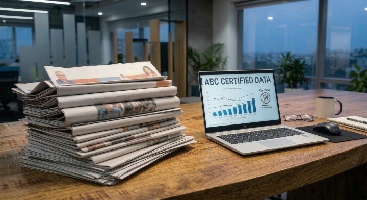 A stack of newspapers beside a laptop showing ABC certified circulation data